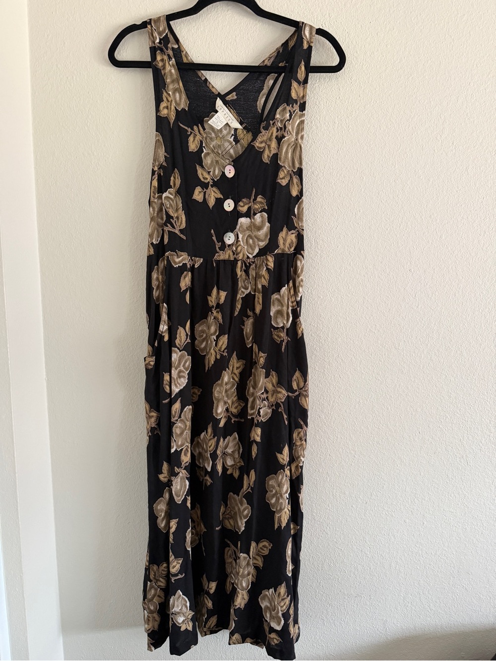 Vintage Express Black Brown Floral Overall Maxi Dress Button Front S/M